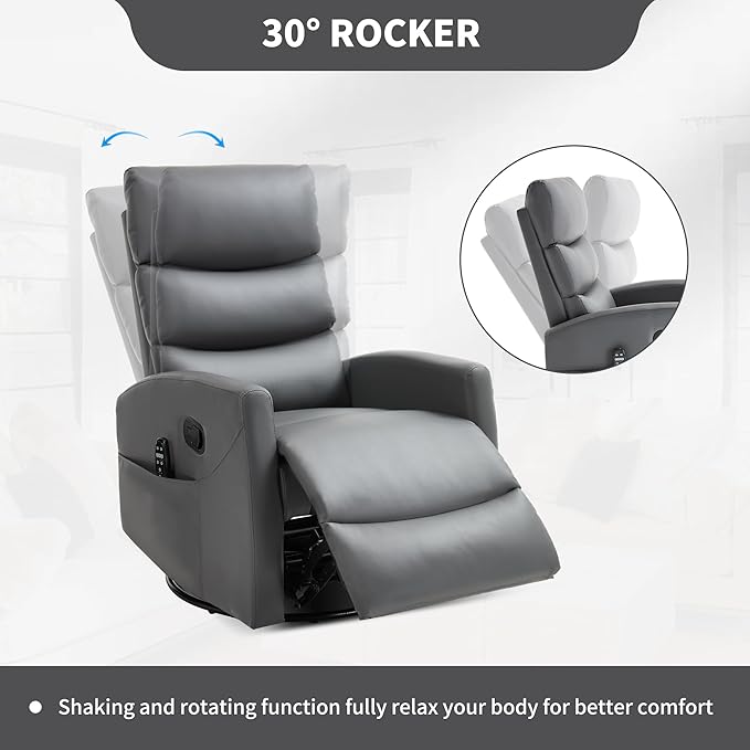 PELUMY Massage Recliner Chair with Heat - Manual Rocker Swivel Recliner, 360° Rotation & 155° Recline for Living Room（Breathable Leather, Grey）