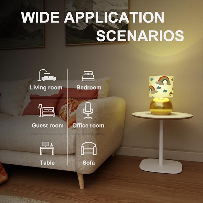 Set of 2 Gold Small Bedside Table Lamps with Rainbow Cloud Pattern Shades (Bulb Included)