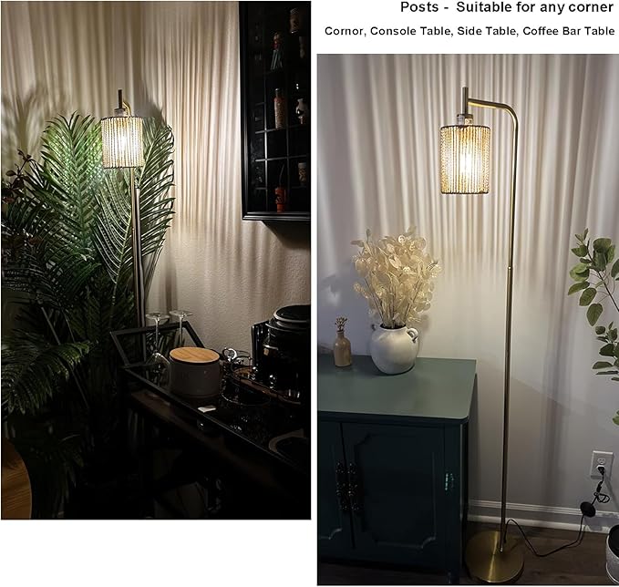 Oneach 66" Gold Floor Lamp for Living Room, Boho Floor Lamp with LED Bulb, Foot Switch, Rattan Shade, Industrial Tall Farmhouse Standing Lamp for Bedroom, Dining Room, Study Room, Office