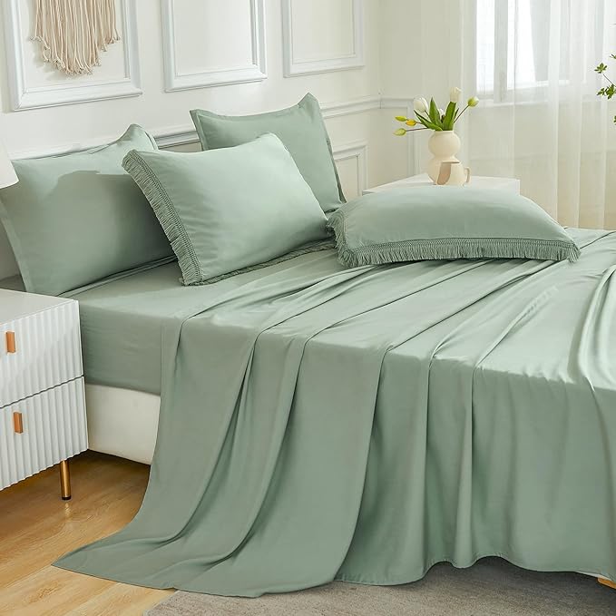 Andency Sage Green Comforter Set King Size with Sheets -7 Pieces Boho Tassel Bed in a Bag Soft Lightweight Bedding Sets, All Season Fringe Bed Set with Comforter, Sheets, Pillowcases & Shams