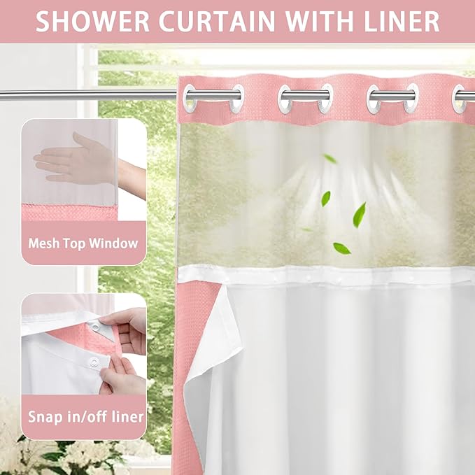 YellyHommy No Hook Shower Curtain with Snap in Liner Set Less Time Pink Waffle Shower Curtain for Bathroom 75" L x 72" W Pink