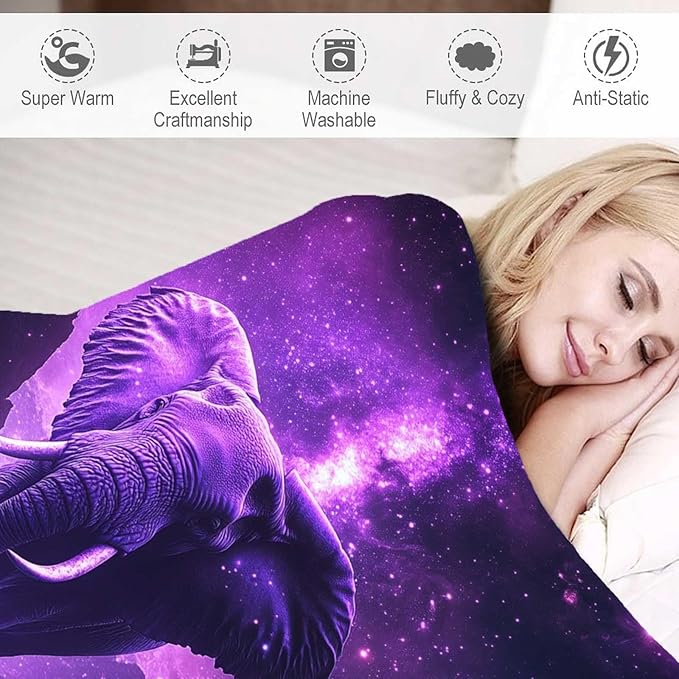 Elephant Throw Blanket, Elephant Gift for Women Men, Fleece Purple Print Pattern, Soft Plush Lightweight for Couch, Sofa, Bed and Living Room Decor, 60x80 inches