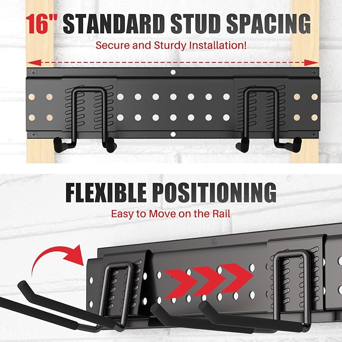 Garage Tool Organizer Wall Mount 64 inches with 13 Adjustable Heavy-Duty Hooks, Garage Organization, Garden Tool Storage Rack, Yard, and Shed, Holds Up to 520 lbs