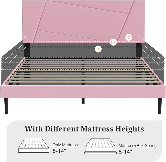 Queen Size Bed Frame, Queen Platform Bed Frame with Velvet Upholstered Headboard, Geometric Pattern, Sturdy Frame and Slats, Noiseless, No Springs Required, Easy to Assemble，Pink