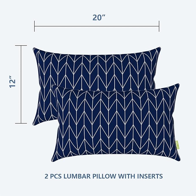 LVTXIII Set of 2 Patio Lumbar Pillows, 12”x20” Fade Resistant Outdoor Lumbar Pillow with Inners, Fluffy Decorative Garden Lumbar Cushions for Home Patio Coach Sofa Use, Herringbone Navy