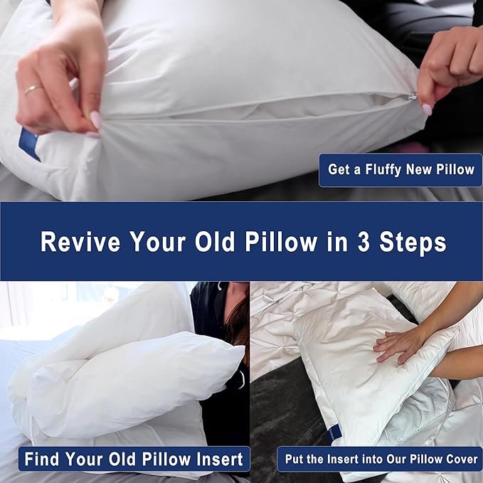 ACCURATEX Fluffy Pillow Cover, 100% Cotton Shell Filled with Down Alternative, Revive Old Flat Pillows, L Shaped Zipper Pillow Protector for King Size Pillow, Removable & Machine Washable