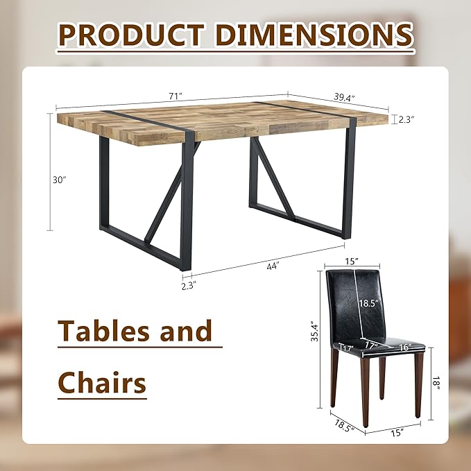 Dining Table Set for 6，Dinner Table Set for 6，71'' Kitchen Table and PU Leather Chairs Set of 6，6 Chair Dining Table Set for Kitchen Dining Room