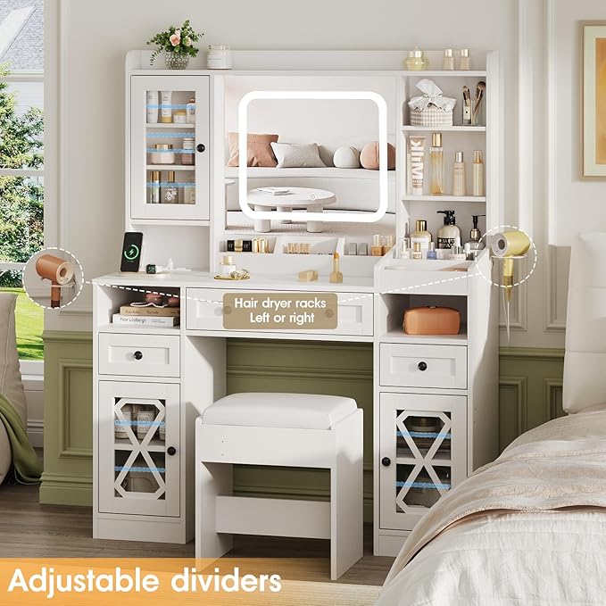 44.5" W Large Vanity Desk with Mirror,Cushioned Stool Makeup Vanity Table Set with Adjustable LED Lights and Power Outlet,Storage Drawers,Shelves for Bedroom Dressing Room White