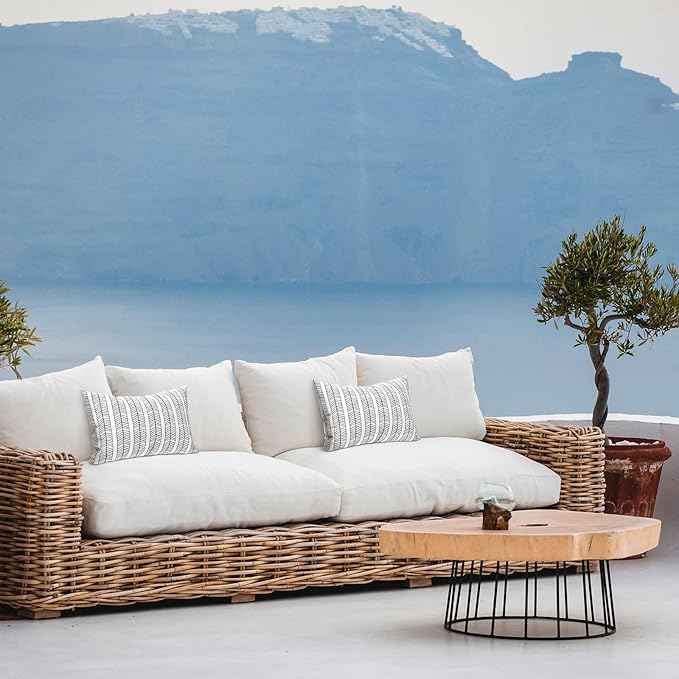 LVTXIII Set of 2 Patio Lumbar Pillows, 12”x20” Fade Resistant Outdoor Lumbar Pillow with Inners, Fluffy Decorative Garden Lumbar Cushions for Home Patio Coach Sofa Use, Herringbone Black White