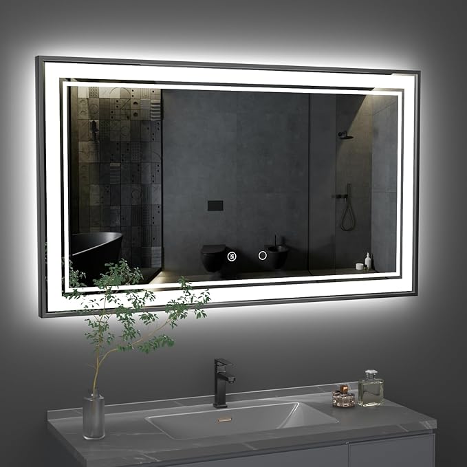 55" x 32" LED Bathroom Mirror with Lights Framed LED Mirror for Bathroom Backlit and Front Lighted Bathroom Mirror Black Square Aluminum Frame Anti-Fog Dimmable Vanity Adjustable Memory