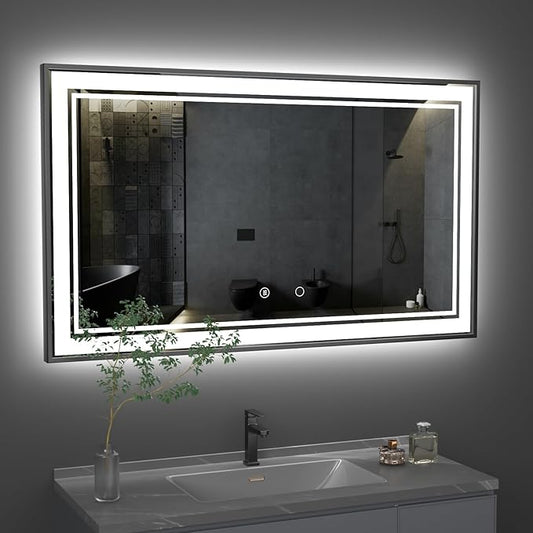 55" x 32" LED Bathroom Mirror with Lights Framed LED Mirror for Bathroom Backlit and Front Lighted Bathroom Mirror Black Square Aluminum Frame Anti-Fog Dimmable Vanity Adjustable Memory