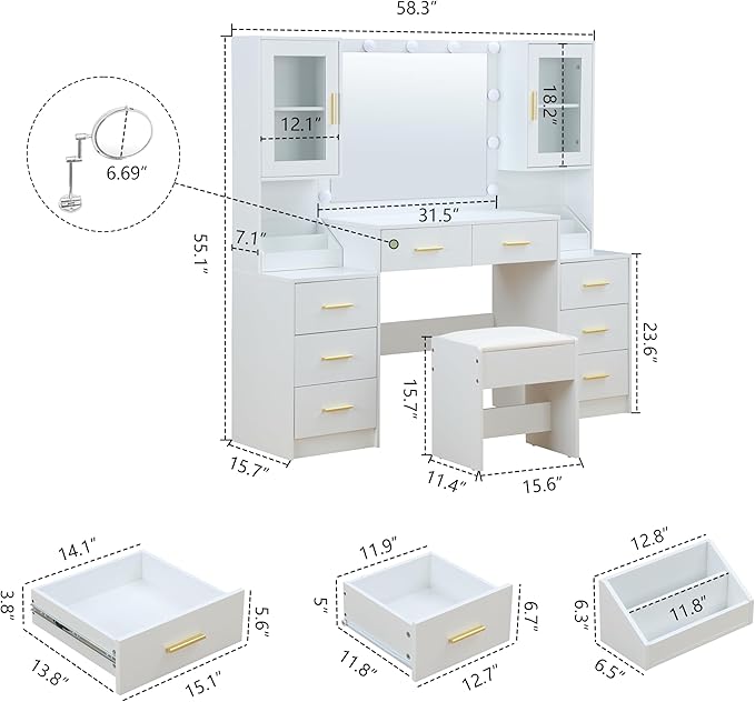 Extra Large Vanity with Folding Up Mirror and Lights,58.3'' Makeup Vanity Desk with Mirror and Lights,Outlet, Chair and Two Makeup Organizers,Dressing Table for Bedroom,White