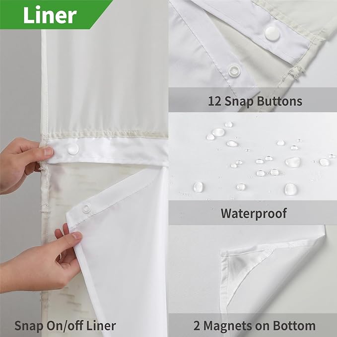 Extra Long No Hook Tufted Chevron Striped Shower Curtain with Snap-in Fabric Liner set-71Wx98H(96H),Tall Hotel Grade Boho Style Shower Curtain,Water Repellent,Cream