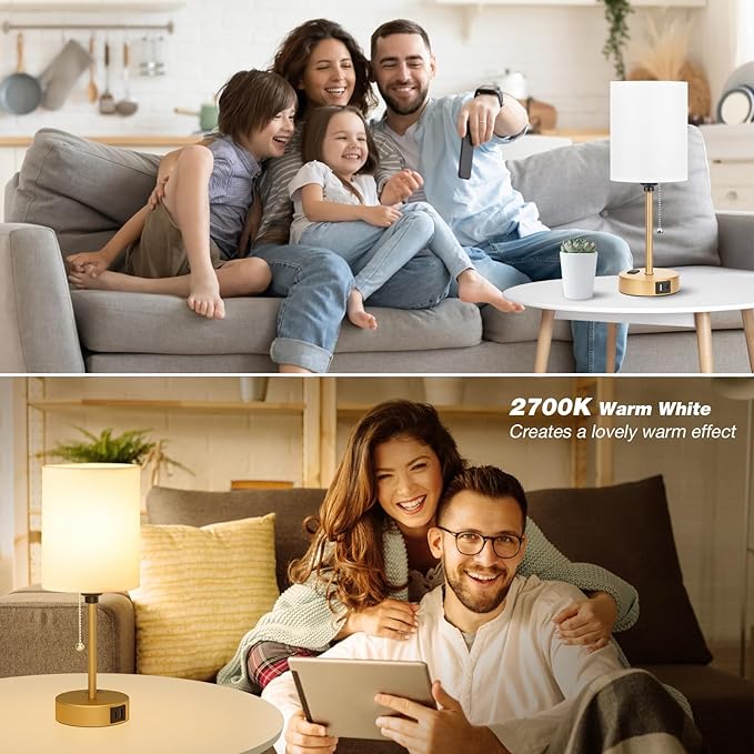 Dicoool Small Bedside Lamps 3 Color Modes - 2700K 3500K 5000K Bedroom Lamps with USB C and A Ports, Pull Chain Gold Table Lamps with AC Outlet, Nightstand Lamps with Gold Metal Base for Kids Reading