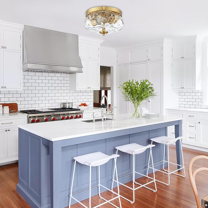 Darkaway Ceiling Light Fixtures Flush Mount Indoor Outdoor Ceiling Light with Water Ripple Glass Shade for Hallway Kitchen Bedroom Porch Living Room Gold Finish