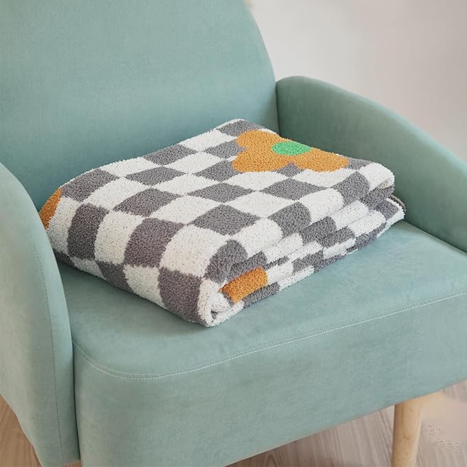 YIRUIO Checkered Throw Blankets Checkerboard Chessboard Warmer Comfort Super Soft Shaggy Cozy Decor for Home Bed Couch (Orange Floral, 51''x63'')
