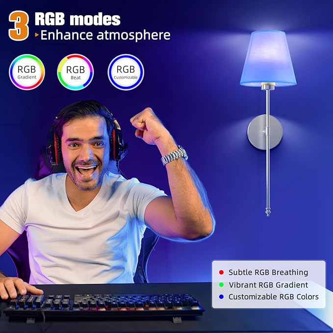 NIORSUN 19.9 inch Battery Operated Wall Sconce Set of 2,Brushed Nickel Rechargeable Wall Lights with 5200mAh Dimmable Detachable Bulbs and Remote,10 Colors Wireless Sconces for Bedroom Living Room