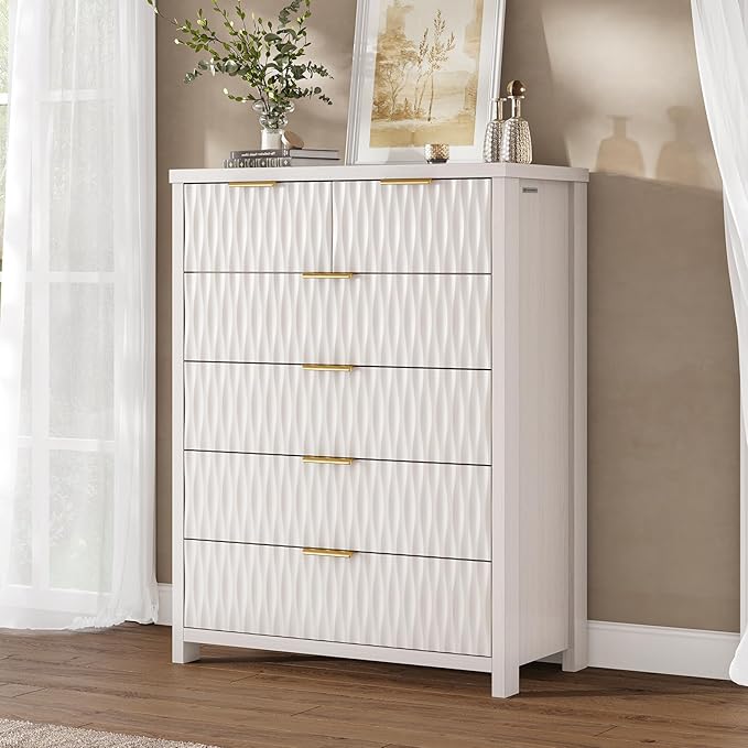 6 Drawers Dresser, 43.7" Tall Drawers for Bedroom, Extra-Thick Tabletop & Frame, Modern Chest of Wood Drawer Organizer for Bedroom, Living Room, Hallway, Closet, Beigewhite