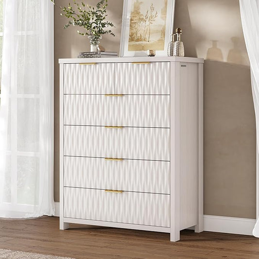 6 Drawers Dresser, 43.7" Tall Drawers for Bedroom, Extra-Thick Tabletop & Frame, Modern Chest of Wood Drawer Organizer for Bedroom, Living Room, Hallway, Closet, Beigewhite