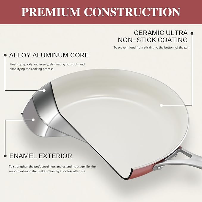 Kitchen Pots and Pans Set Non Stick, 11 Pcs Ceramic Cookware Set with Stay-Cool Handle, Pot and Pan Set NonToxic PFOA/PFAS Free, Dishwasher/Oven Safe, Evenly Heats, Enamel Exterior - Coral Red