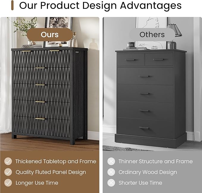 6 Drawers Dresser, 43.7" Tall Drawers for Bedroom, Extra-Thick Tabletop & Frame, Modern Chest of Wood Drawer Organizer for Bedroom, Living Room, Hallway, Entryway, Black