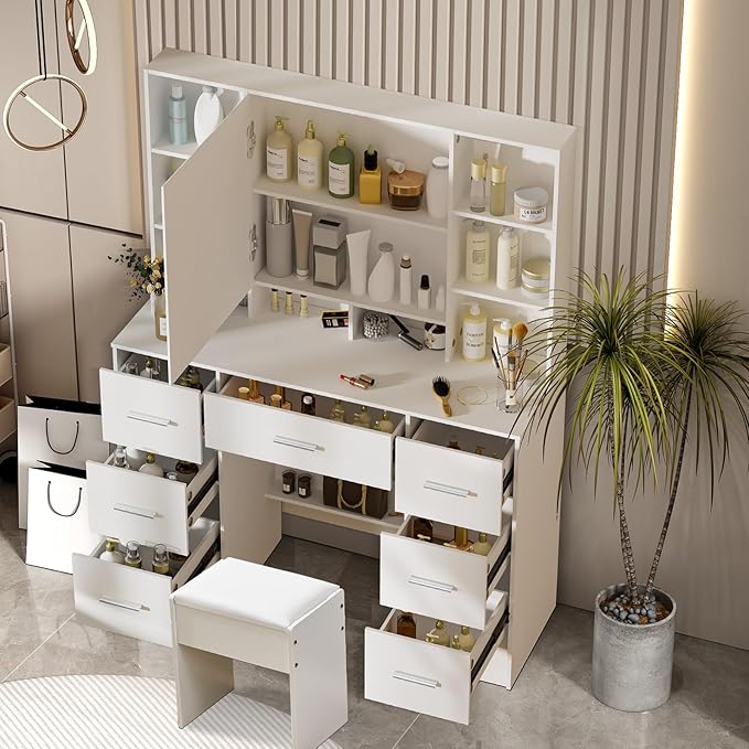 Large Vanity Table Set, 7 Storage 8 Shelves Makeup Table with Mirror & LED Lights, Modern Dressing Table with Soft Stool and 3 Brightness Adjustable for Girls and Women, White
