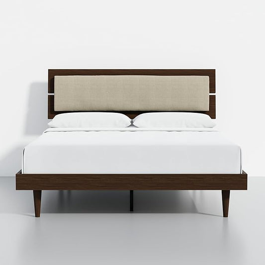 Modern Solid Wood Platform Bed with Adjustable Headboard with Cushion – No Box Spring Needed,Fast Assembly – Queen Size in Walnut