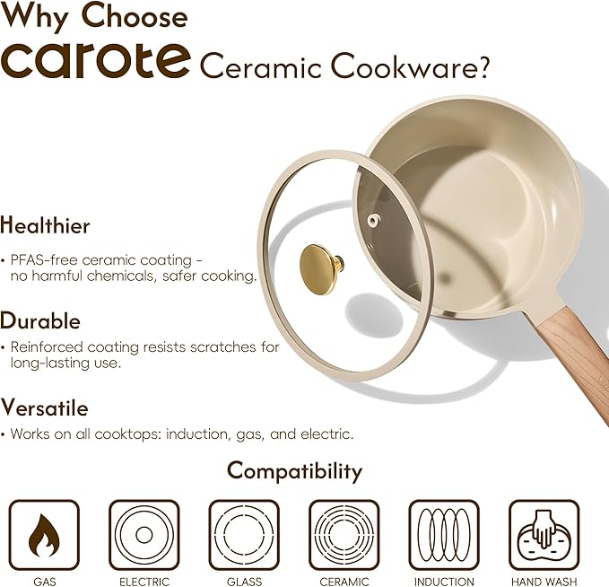 CAROTE 1.6Qt & 3.0Qt Sauce Pan Sets with Lid Ceramic Nonstick Pot Set Non Toxic Saucepan with Stay-cool Handle Small Kitchen Cooking Pots, Easy to Clean, Induction Comptable, PFOA FREE