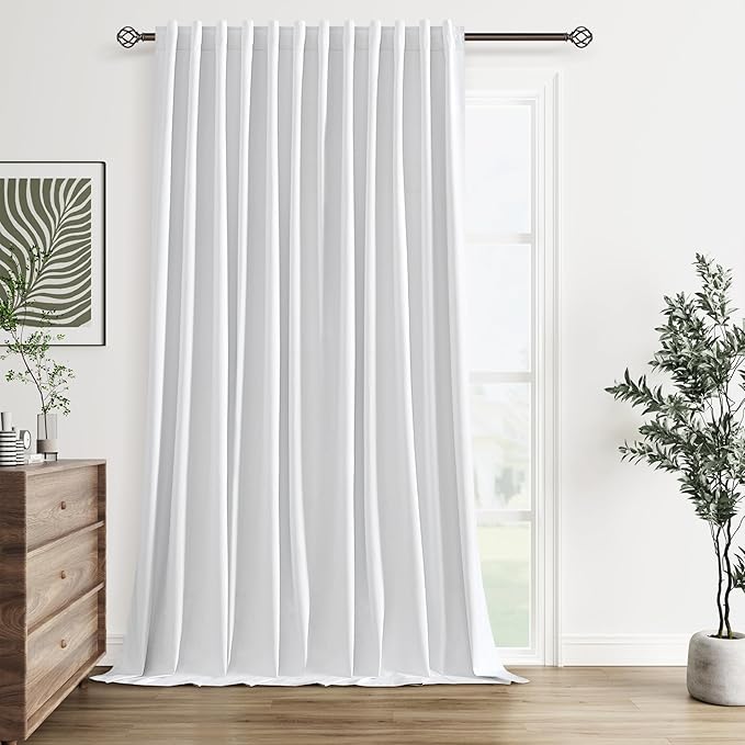 Guken White Linen Blackout Curtains 100 Inch Wide by 102 Inch for Living Room Bedroom Back Tab Thermal Insulated 100% Black Out Linen 1 Drapes Room Darkening Window Curtains White,1 Panel