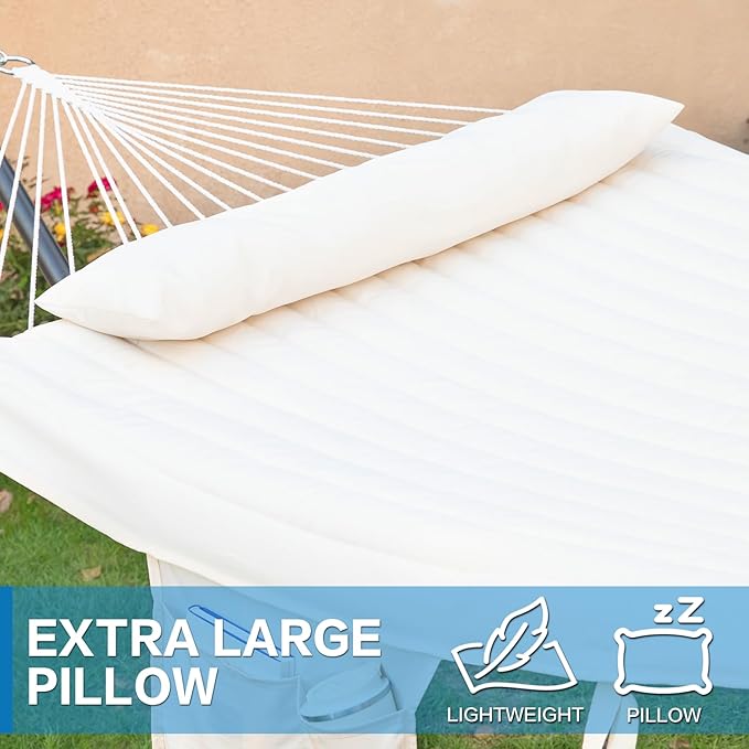 PNAEUT Double Hammock with Stand for Outside, Rope Hammocks with Polyester Pad 2 Person, 12ft Heavy Duty Stand, Extra Pillow, Storage Sidebag, Max 475 lbs Capacity (Pearl White)