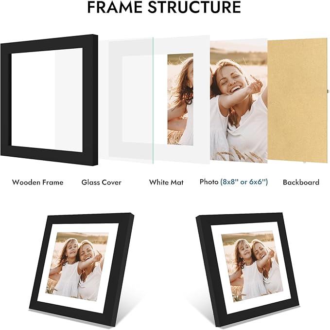 8x8 Picture Frame with Glass, Display Pictures 6x6 with Mat or 8 x 8 without Mat - Wall and Tabletop, 8 by 8 Photo Wooden Frames (Black, 1 Pack)