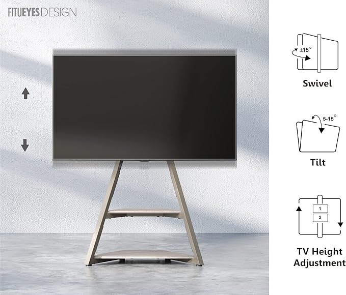 FITUEYES Design Corner TV Stand for 32 43 50 55 65 Inch TVs, Small Spaces Floor TV Stand Rolling TV Cart for LCD/LED Flat Curved Screens, Modern Living Room Television Stands, Eiffel Series, Camel