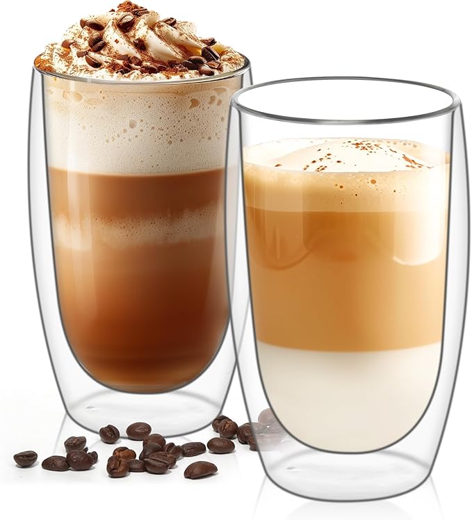 ComSaf 15oz Double Wall Glass Coffee Mugs, Insulated Latte Cups Set of 2, for Coffee, Espresso, Tea, Milk, Clear Cappuccino Cups Set Glassware Gift for Christmas Birthday