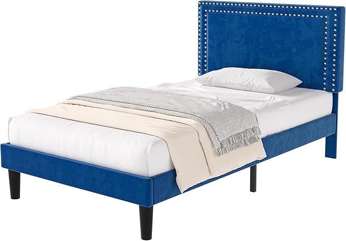 VECELO Twin Size Platform Bed Frame with Adjustable Upholstered Headboard, Modern Mattress Foundation, Strong Wood Slat Support, No Box Spring Needed, Easy Assembly