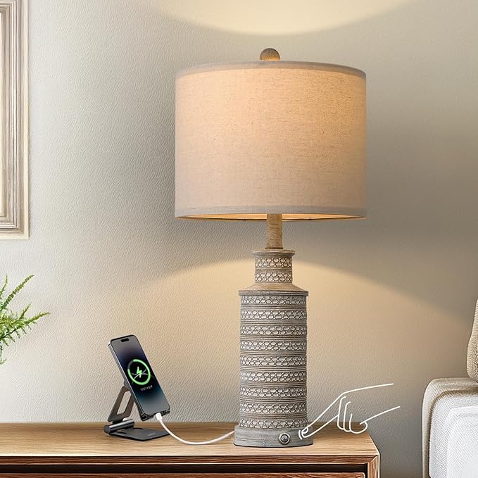 BOBOMOMO USB A+C 3-Way Dimmable Touch Control Table Lamp Set of 1 Vintage Rustic Farmhouse Traditional Nightstand Bedside Lamps(1 Bulb Included)
