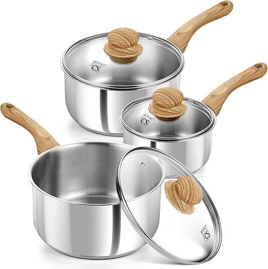 KOCH SYSTEME CS Stainless Steel Pots, 6 Piece Sauce Pan Set with Lids, 1QT, 2QT, 3QT Stainless Steel Saucepan with Cool-Touch Handles, 5-layers Base Pots, Induction Compatible Sauce Pan, Pot Set