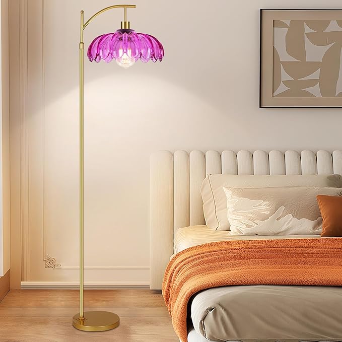 Vintage Floor Lamps for Living Room Arc Floor Lamp with Remote Control & Glass Lampshade,Mid Century Modern Standing Lamp Gold Tall Flower Lamp for Bedroom Living Room Corner