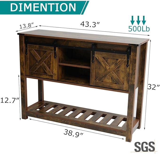 Brown Farmhouse Console Table for Entryway, Sofa Table with Storage Shelf, Hallway Tables with Sliding Barn Doors, Entry Tables for Foyer, Living Room