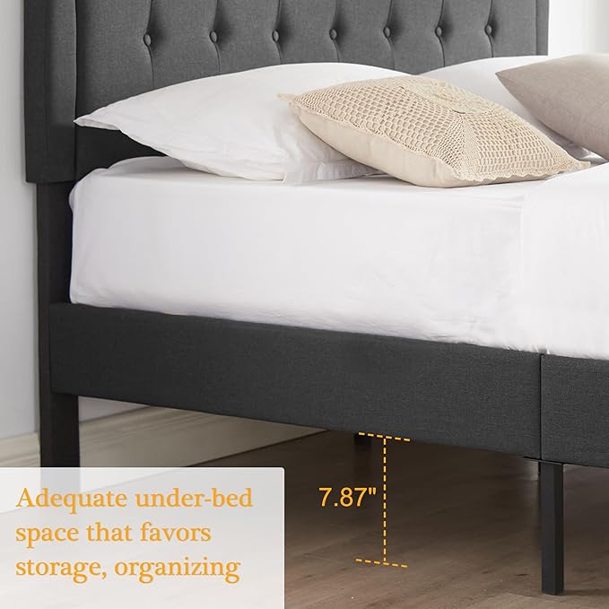 VECELO Queen Size Platform Bed Frame with Fabric Upholstered Headboard and Wooden Slats Support, No Box Spring Needed/Easy Assembly,Grey