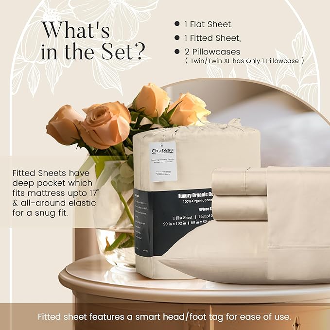 Queen Sheet Set - 300TC Organic Cotton Bedding Sheets & Pillowcases - Soft, Durable and Luxurious 4PC Sateen Weave Ivory Bed Sheets for Queen Size Bed, No Pill & Shrink Thick Machine Washable