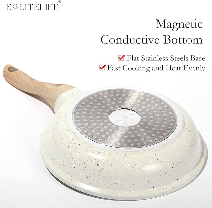 ESLITE LIFE Nonstick Ceramic Frying Pans Skillets Set with Lids, Non-Toxic Egg Omelette Kitchen Cooking Pans Compatible with All Stovetops (Gas, Electric & Induction), PTFE & PFOA Free (White)