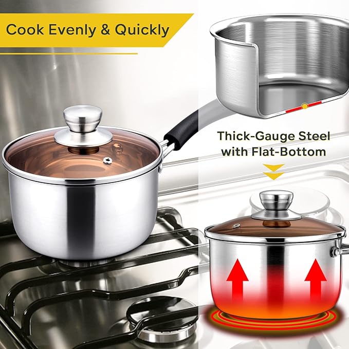 E-far Saucepan with Lid, Max Capacity 2 Quart Stainless Steel Sauce Pot with Glass Lid for Cooking, Easy Clean & Rust Free, Dishwasher Safe