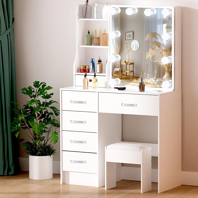 Makeup Vanity Desk with Mirror Lights, Vanity Table with 6 Drawers and Cabinet, Small Vanity Set with Chair Stool, 3 Modes Adjustable Sliding Mirror, White Vanity for Bedroom