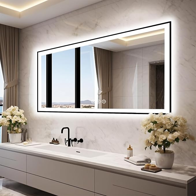 72x32 LED Bathroom Vanity Mirror - Black Aluminum Framed (Front and Backlit), Anti-Fog Large Mirror with Lights,Stepless Dimmable Lighted Mirror,3 Colors Smart Mirror(Horizontal/Vertical)