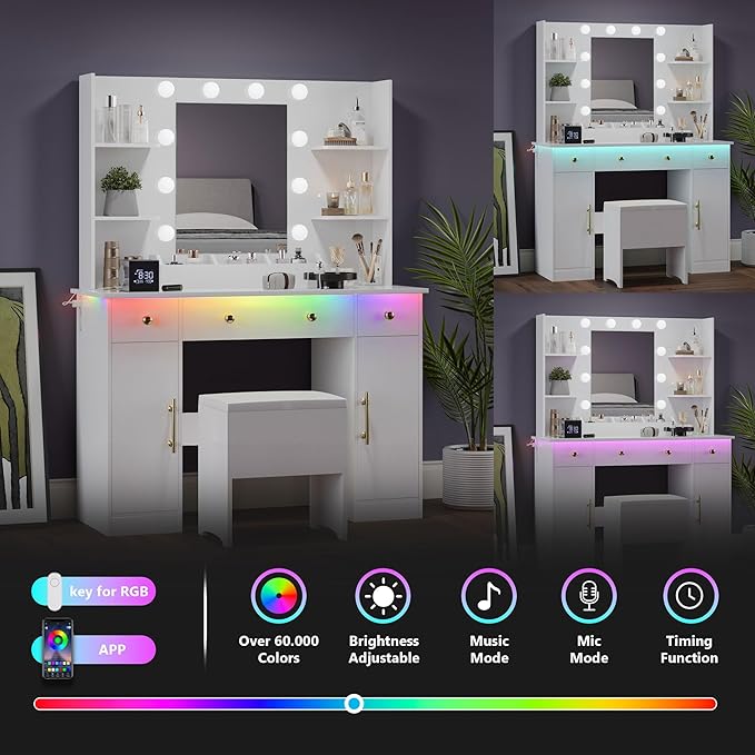 Makeup Vanity Desk with Mirror and Lights, 43" White Vanity Set with Chair, 3 Drawers, Power Outlet & Adjustable RGB LED Lights, Dressing Table with Storage Shelf for Women & Girls Bedroom