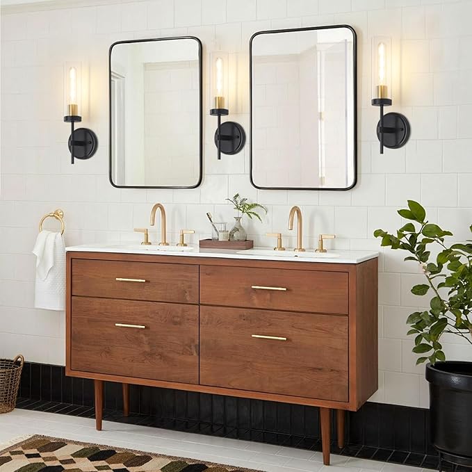 Wall Sconces Set of 2, Black and Gold Modern Bathroom Vanity Lights with Clear Glass, Sconces Wall Decor Set of 2, Hardwired wall Sconce Lighting, Indoor Wall Lights for Bedroom Living Room Hallway
