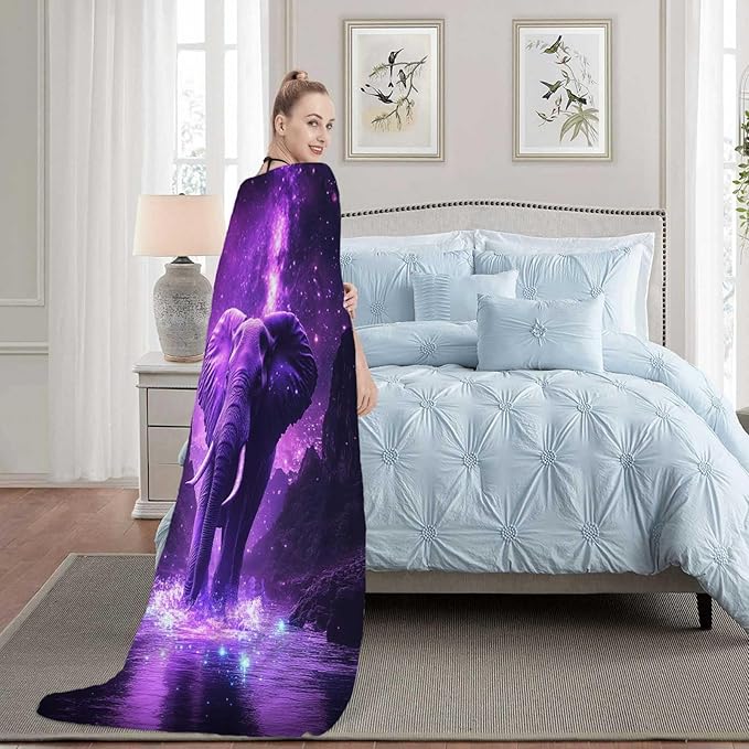 Elephant Throw Blanket, Elephant Gift for Women Men, Fleece Purple Print Pattern, Soft Plush Lightweight for Couch, Sofa, Bed and Living Room Decor, 60x80 inches