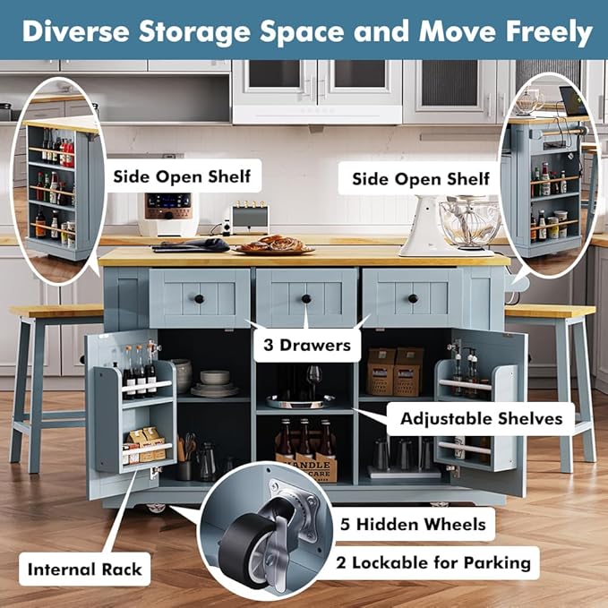Rolling Kitchen Island with Storage, Kitchen Cart on Wheels with Drop Leaf, Mobile Kitchen Storage Cart with Power Outlet, Open Side Racks, 53 Inch Width, Three Drawers (Grey Blue)