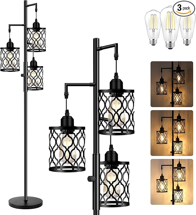 Dimmable Farmhouse Floor Lamp, Industrial Floor Lamp for Living Room with 3 X 6W LED Bulbs, 3 Light Rustic Standing Tall Lamp for Bedroom, Office, 68"