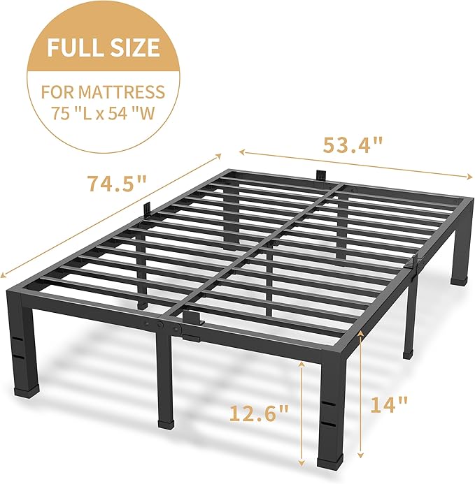 14 Inches Full Size Bed Frame, Heavy Duty Metal Platform Bed Frame No Box Spring Needed, Easy Assembly, Noise Free Bedframe with Mattress Slide Stopper